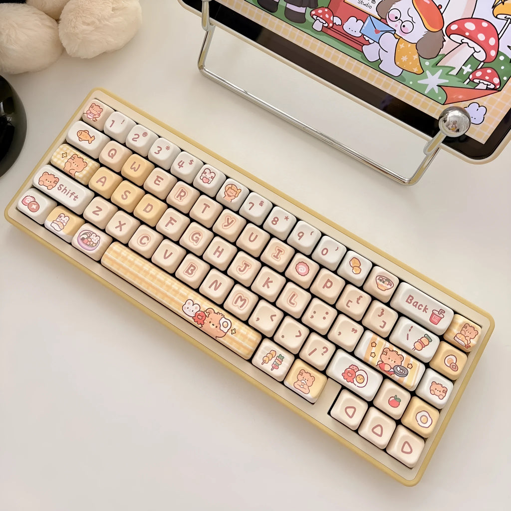 Rabbit Bear Restaurant themed PBT plastic keycap set for mechanical keyboards, showing 140 keys with EOA height profile.