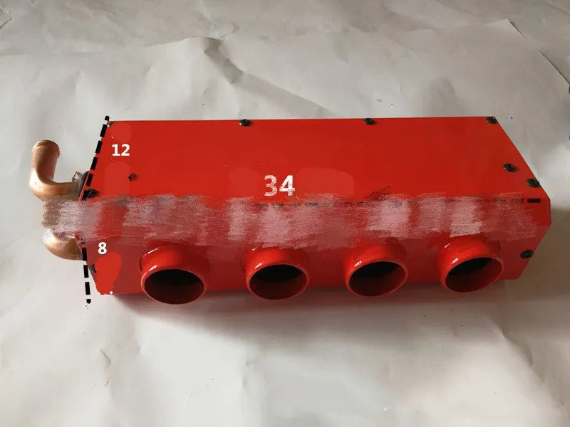 Metal auxiliary car heater with four-hole copper pipe connections for 12V and 24V vehicle installation.