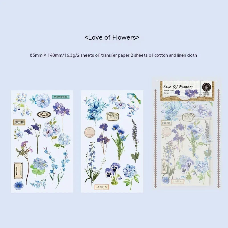 Huazhisen Series sticker material pack showing transfer paper and cotton linen sheets in 85x180mm size with literature-style forest designs