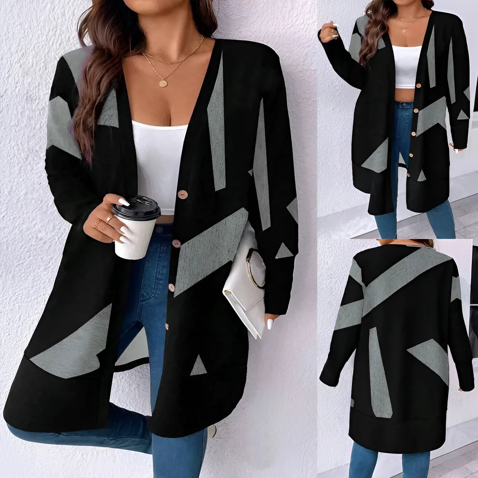 Black plus size casual coat with Japanese Korean styling and button stitching details