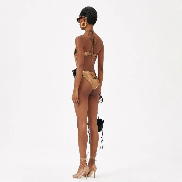 Gold handmade hollow-out halter neck one-piece swimsuit for swimming