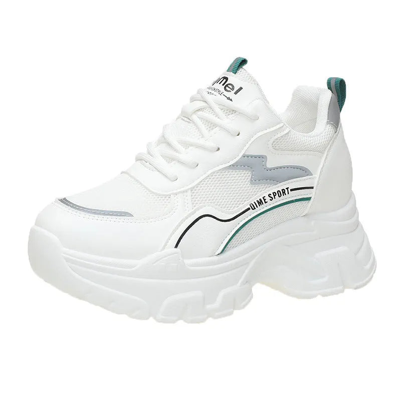 White women's dad shoes with cross straps, lace-up front, and a breathable mesh upper.