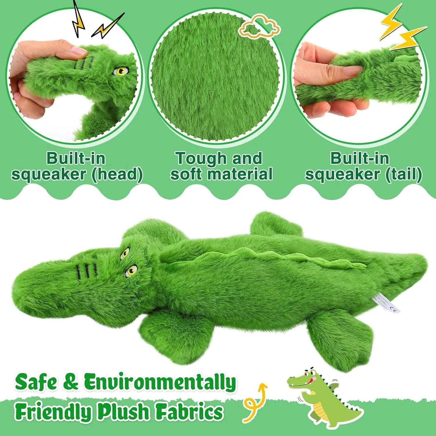 Green crocodile plush dog toy with no stuffing for aggressive chewers