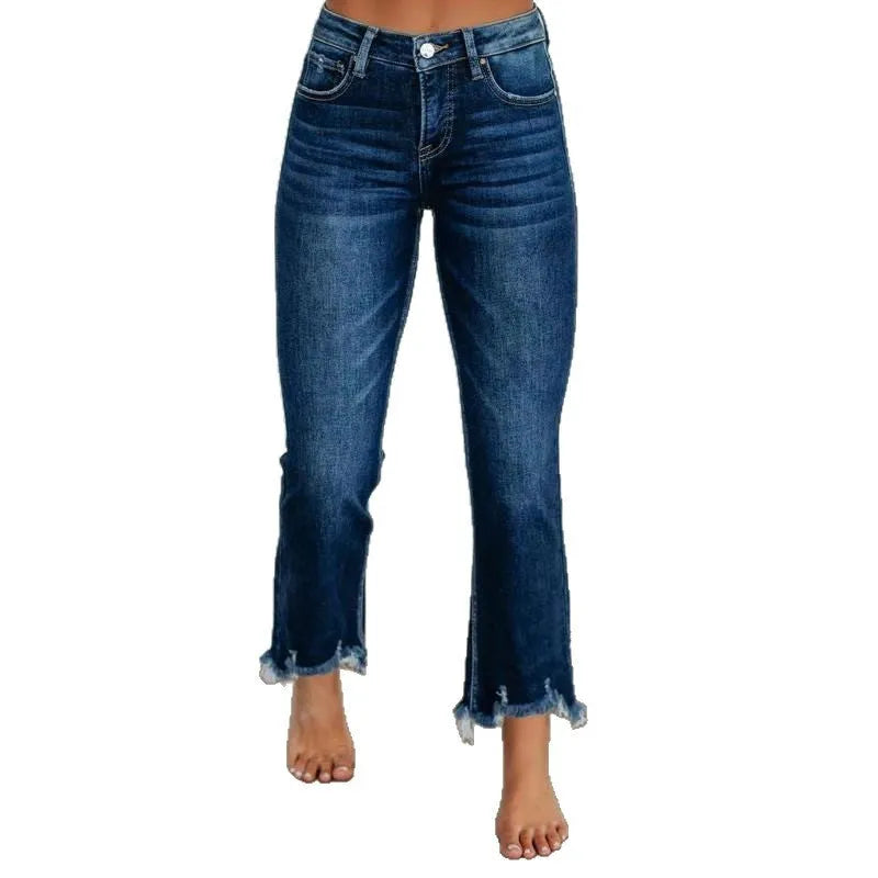 Women's solid colour denim jeans with a hand-worn finish, shown in dark blue and light blue.