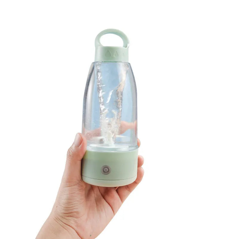 Automatic electric shaker bottle with USB charging port, handle, and blending button in green, pink, or white.