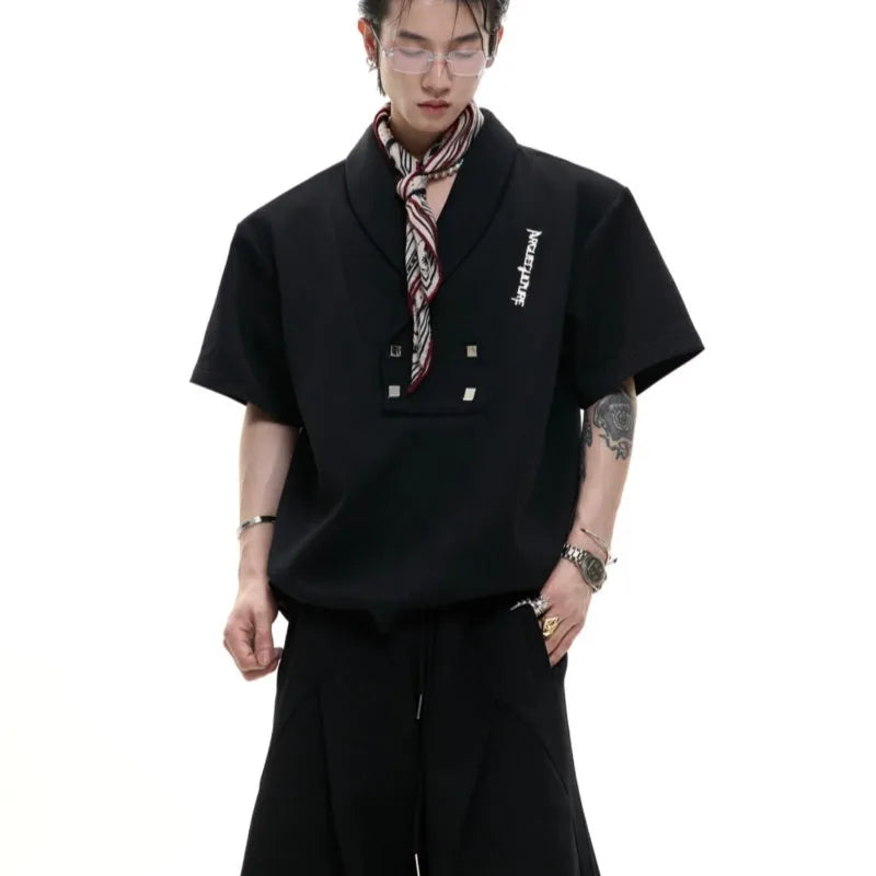 Men's dark grey cotton sports suit with V-neck jacket and matching shorts featuring metal embellishments