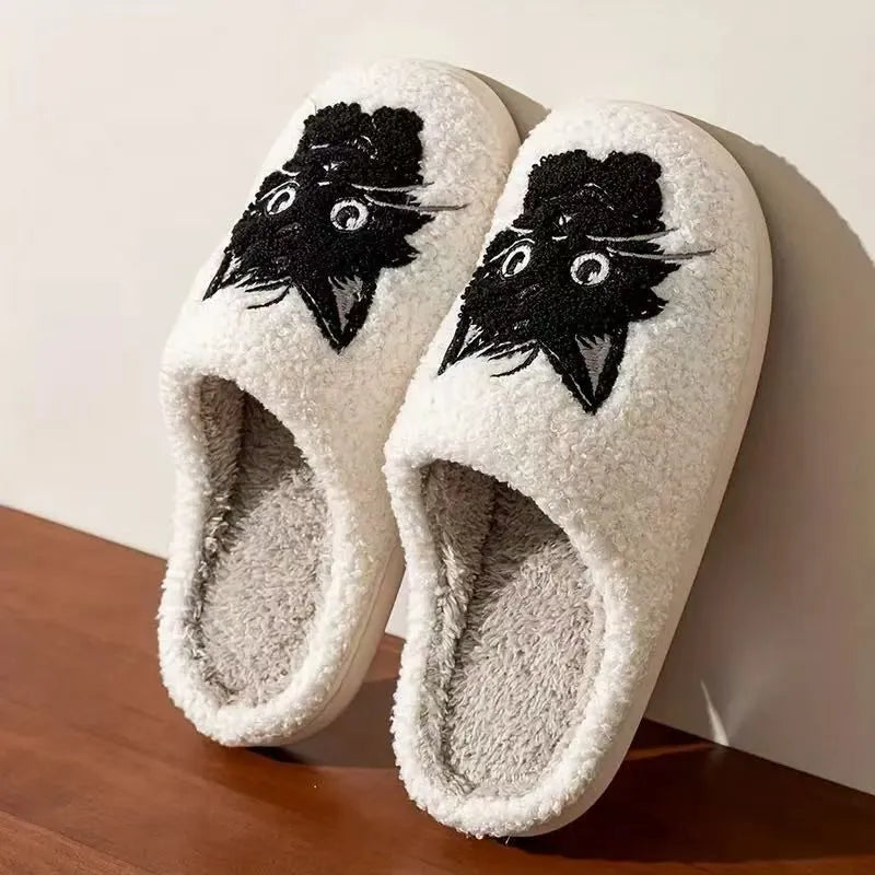 White plush couples slippers with black beard cat cartoon design and non-slip TPR soles