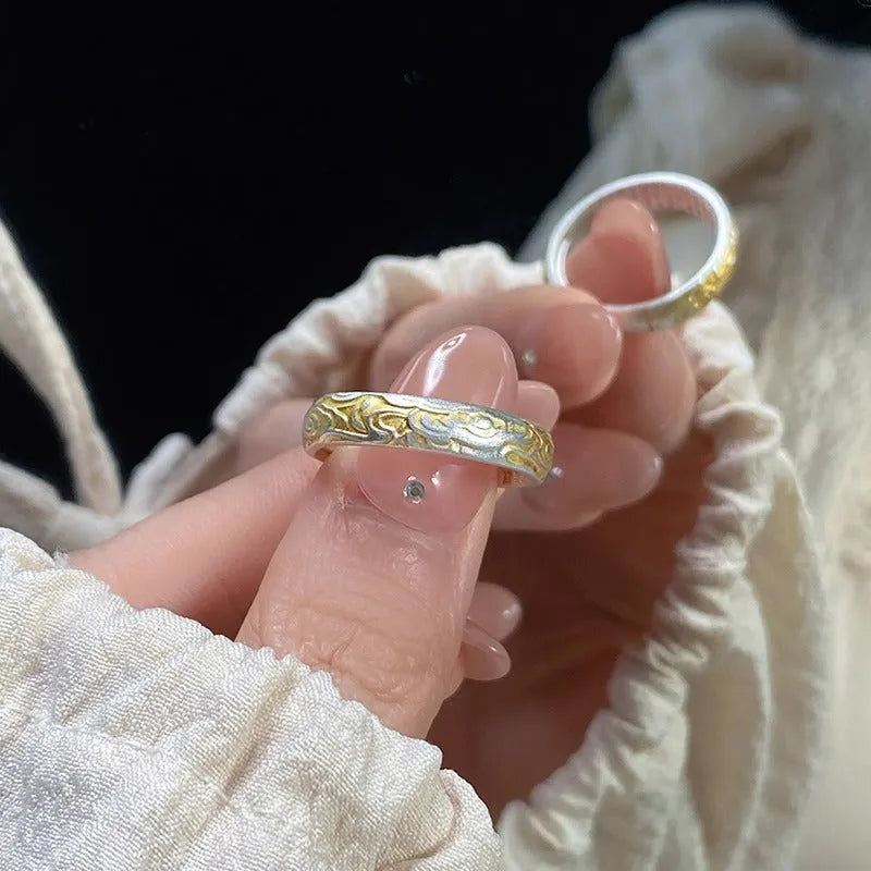 Adjustable open mouth silver gold electroplated ring with Xiangyun cloud pattern on white copper metal