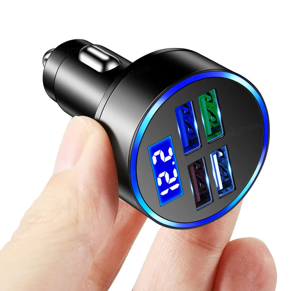 Black multi-port car charger with four USB ports and cigarette lighter plug for vehicle charging