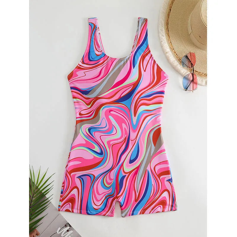 Women's printed high-waist one-piece swimsuit with backless design