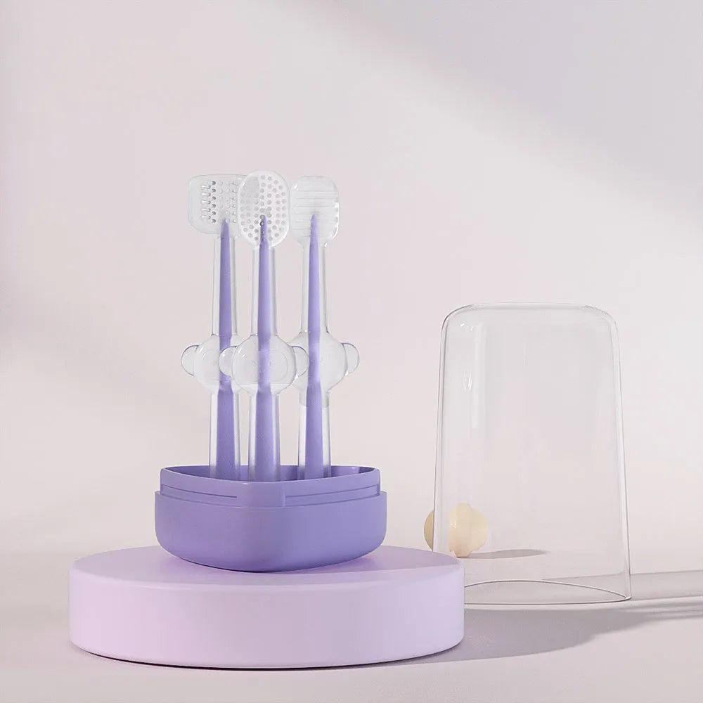 Purple silicone pet toothbrush with soft bristles and small head for cat and dog teeth cleaning