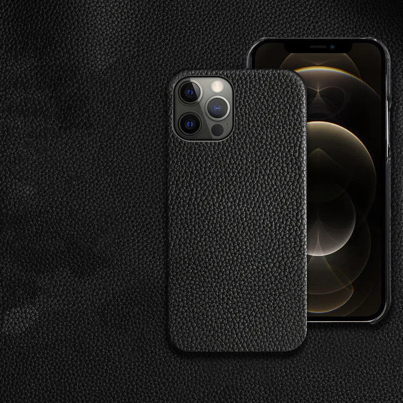 Brown genuine leather half-wrap protective case on an iPhone 14 Pro Max.
