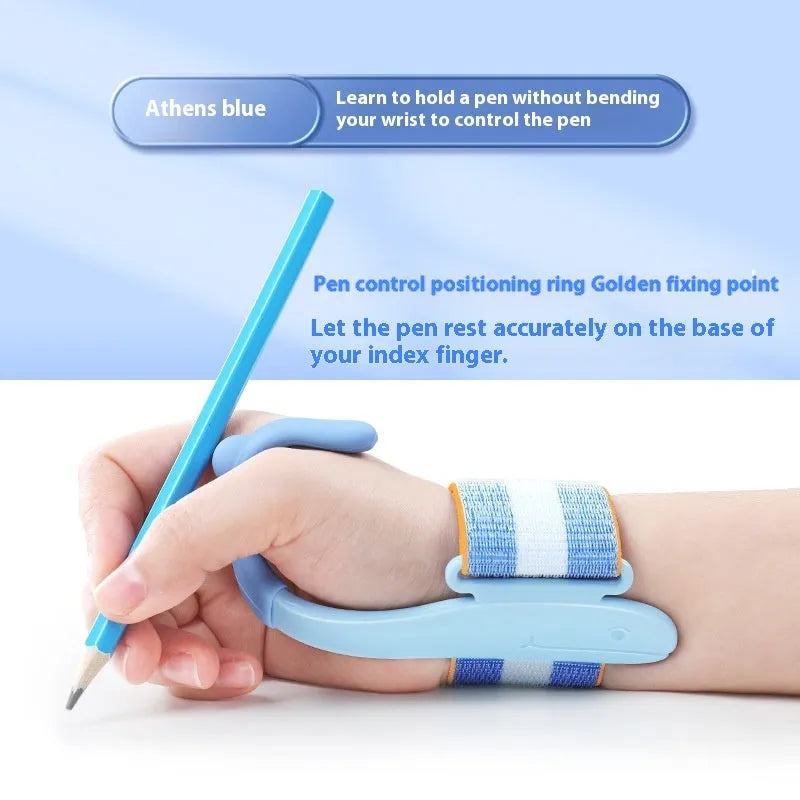 Anti-hook wrist brace pen control corrector for children's handwriting training in blue colour