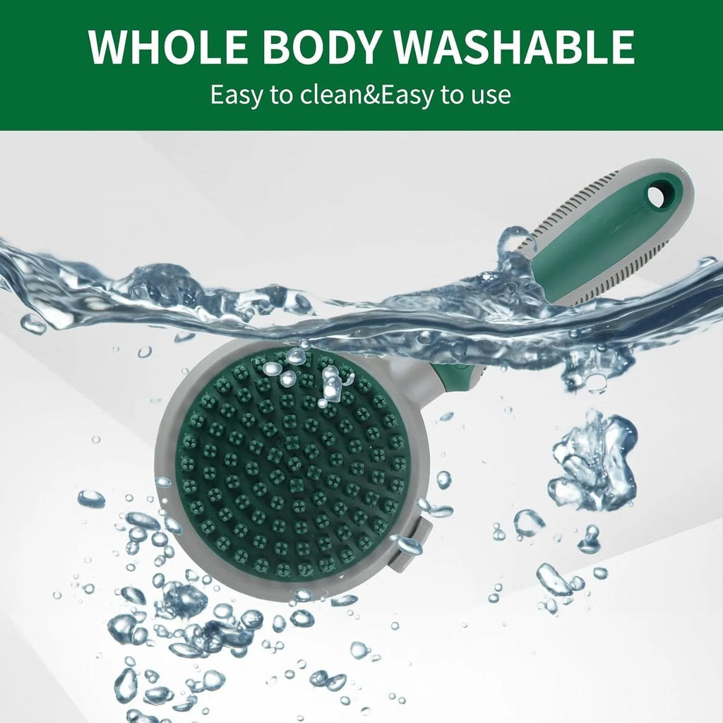 Two-sided pet grooming brush showing slicker brush side and silicone massage side in green colour