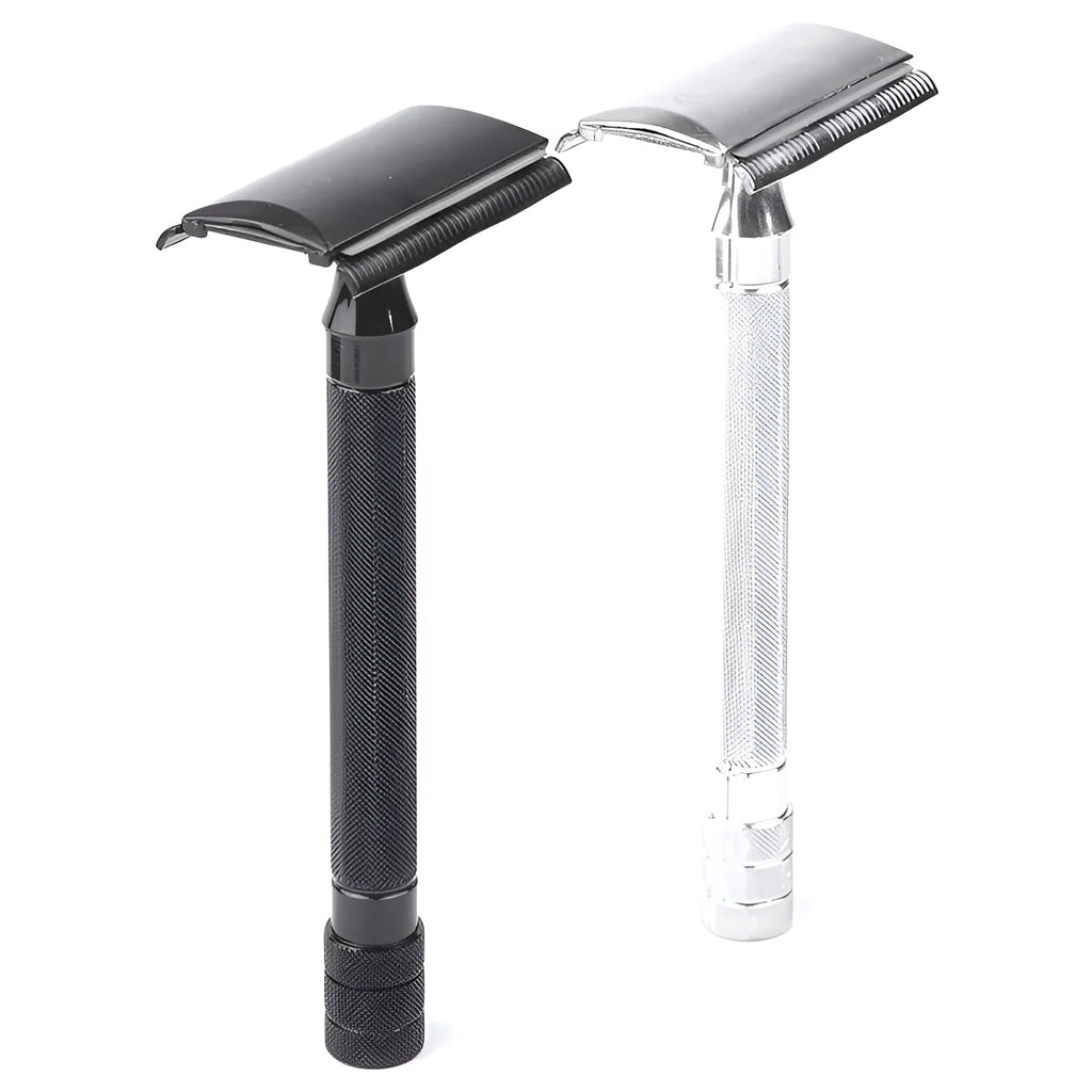 Traditional manual shaving kit showing a metal safety razor and a shaving brush on a dark background.