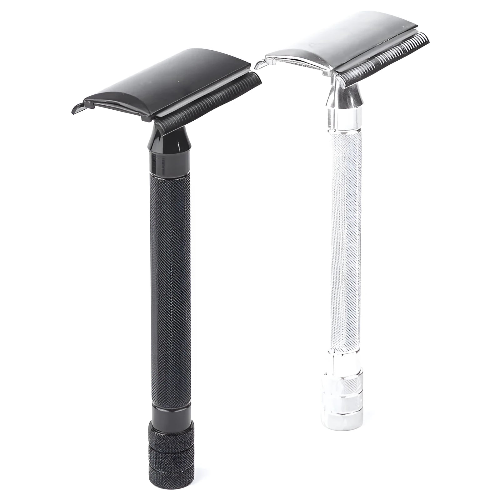 Traditional manual shaving kit showing a metal safety razor and a shaving brush on a dark background.