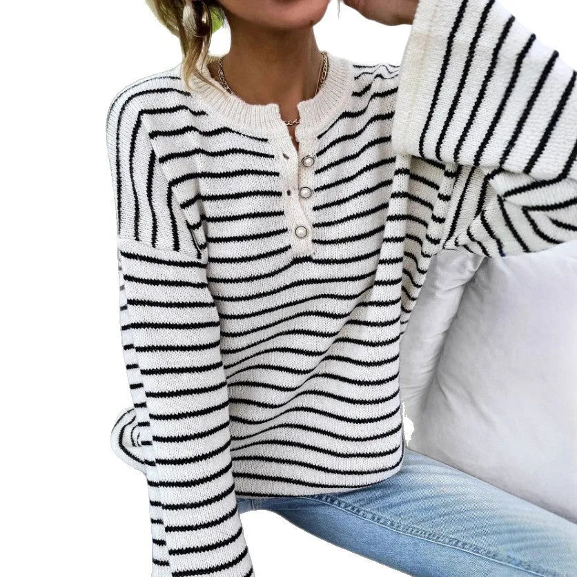 Black women's striped top with drop-shoulder sleeves and loose casual fit