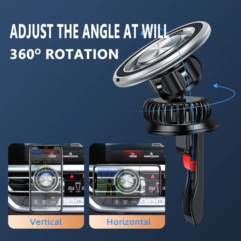 Black magnetic car air vent phone holder with alloy bracket and attached smartphone
