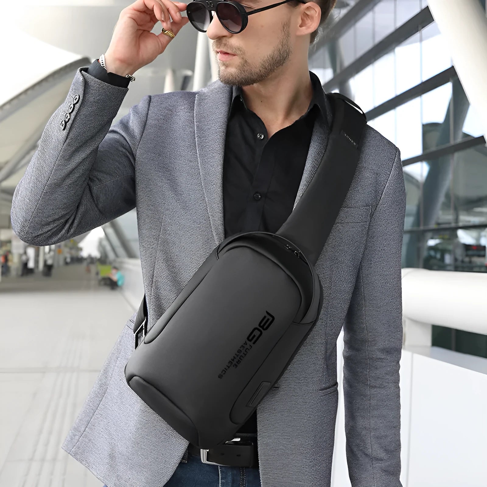 Men's blue Oxford cloth shoulder bag with USB charging port for business travel