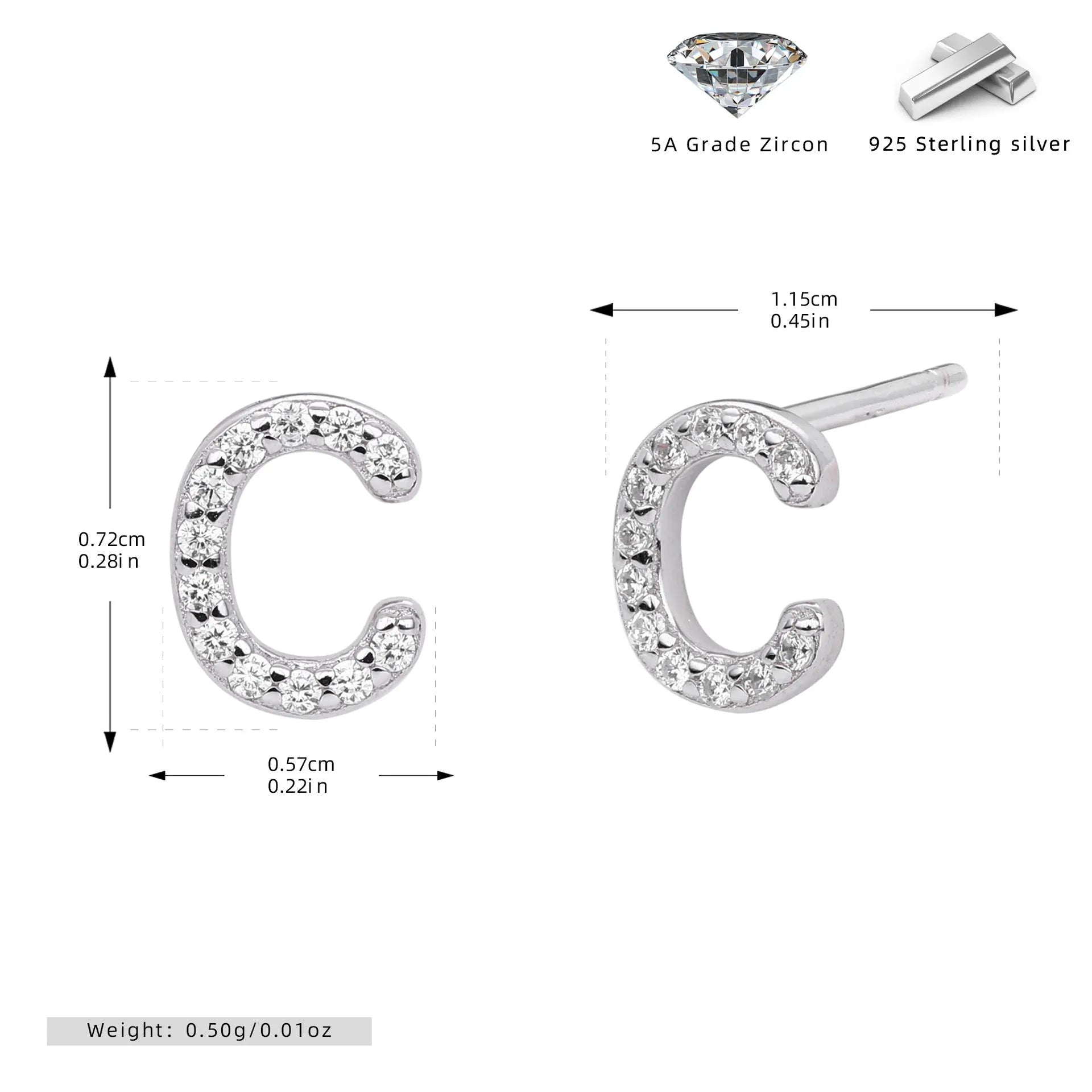 925 silver letter ear stud with electroplated gold finish, alphabet motif