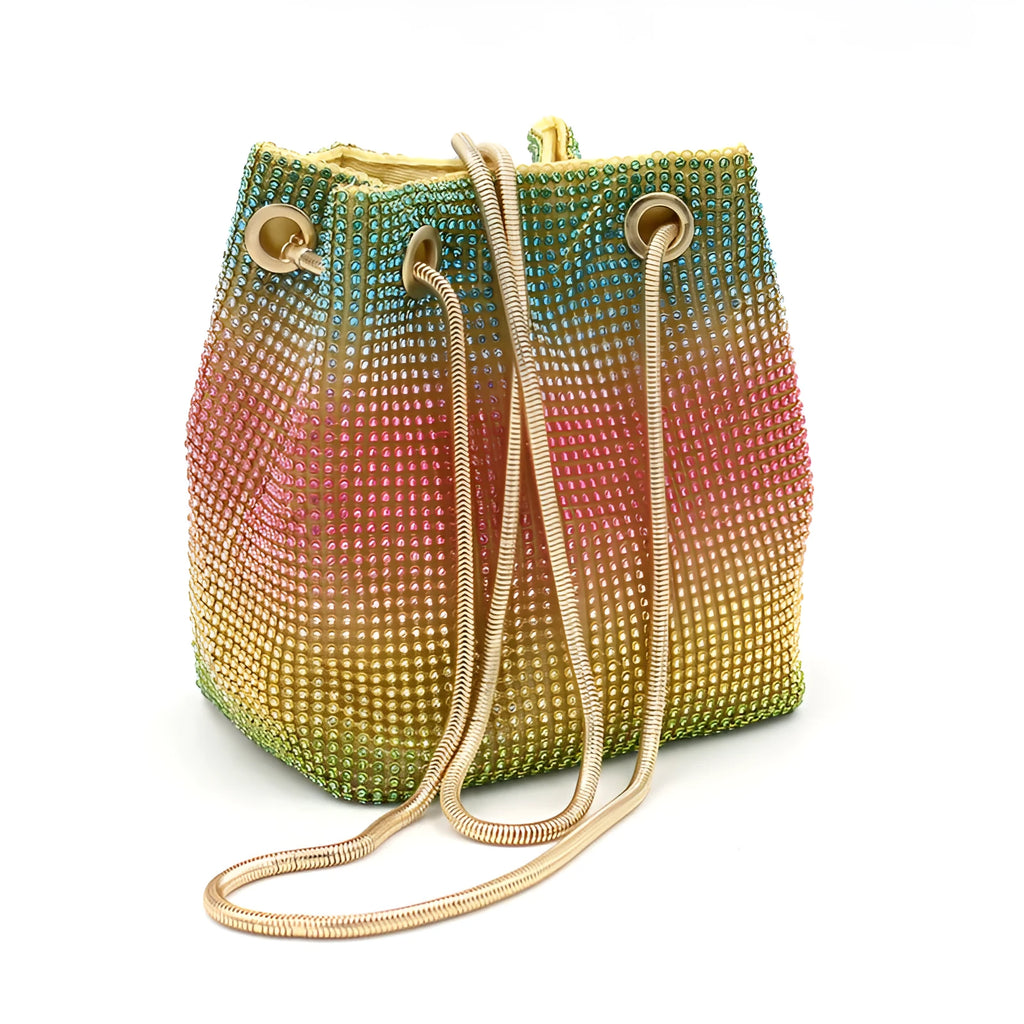 Colourful rhinestone bucket bag with rainbow diamond bead design