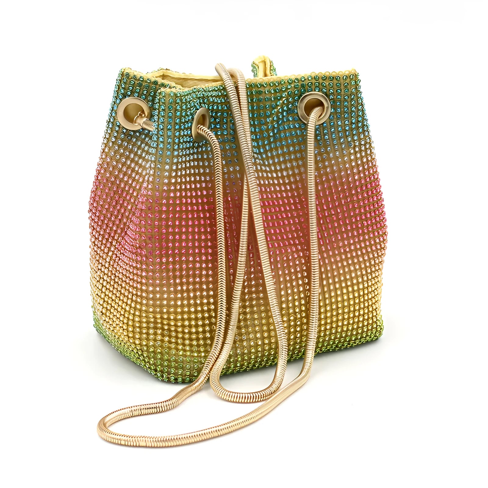 Colourful rhinestone bucket bag with rainbow diamond bead design