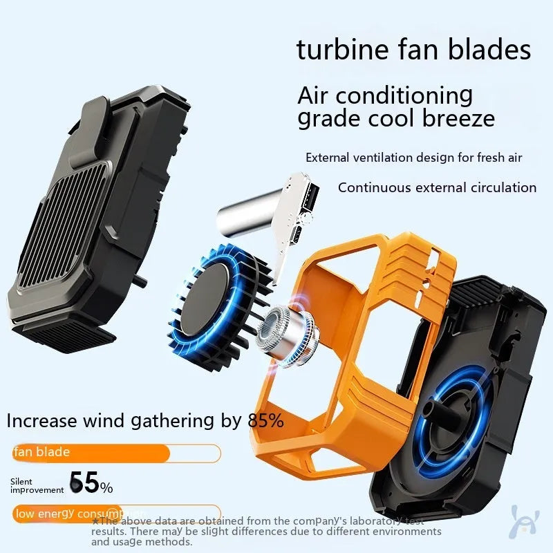 Wrist-worn personal fan with LED light and USB charging port in green, orange, pink, or white colours