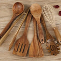 Set of seven wooden cooking utensils with spoon and shovel shapes for use with non-stick pans.