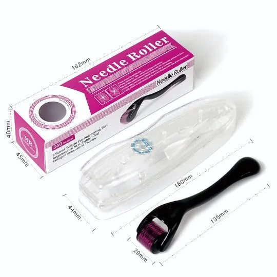 Black and purple derma rollers with 540 titanium microneedles in sizes from 0.2mm to 1.0mm