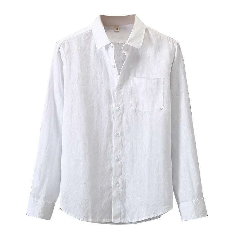 Chinese style linen cardigan shirt in a solid colour with long sleeves and a loose fit.
