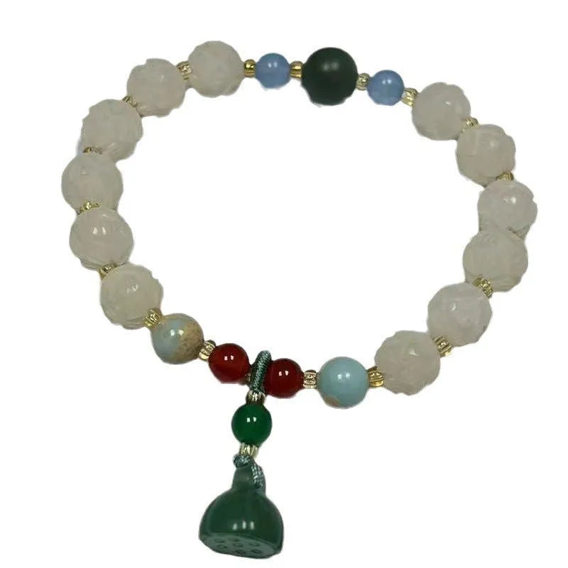 Carved pumpkin lotus Bodhi root bracelet with white jade beads and multiple dimensions