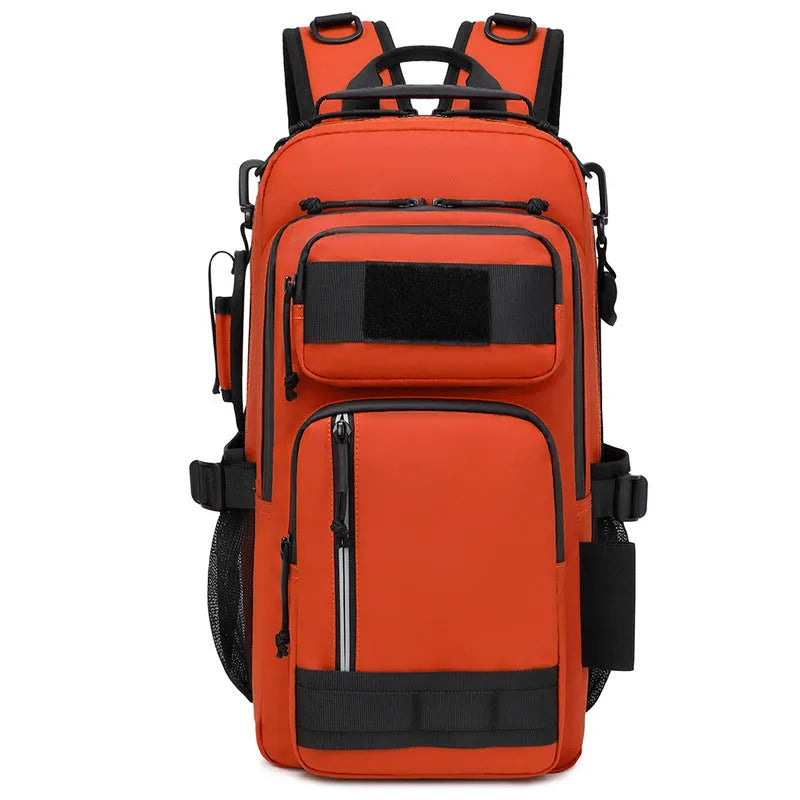 Orange and black outdoor backpack with 20-35 litre capacity for hiking camping cycling