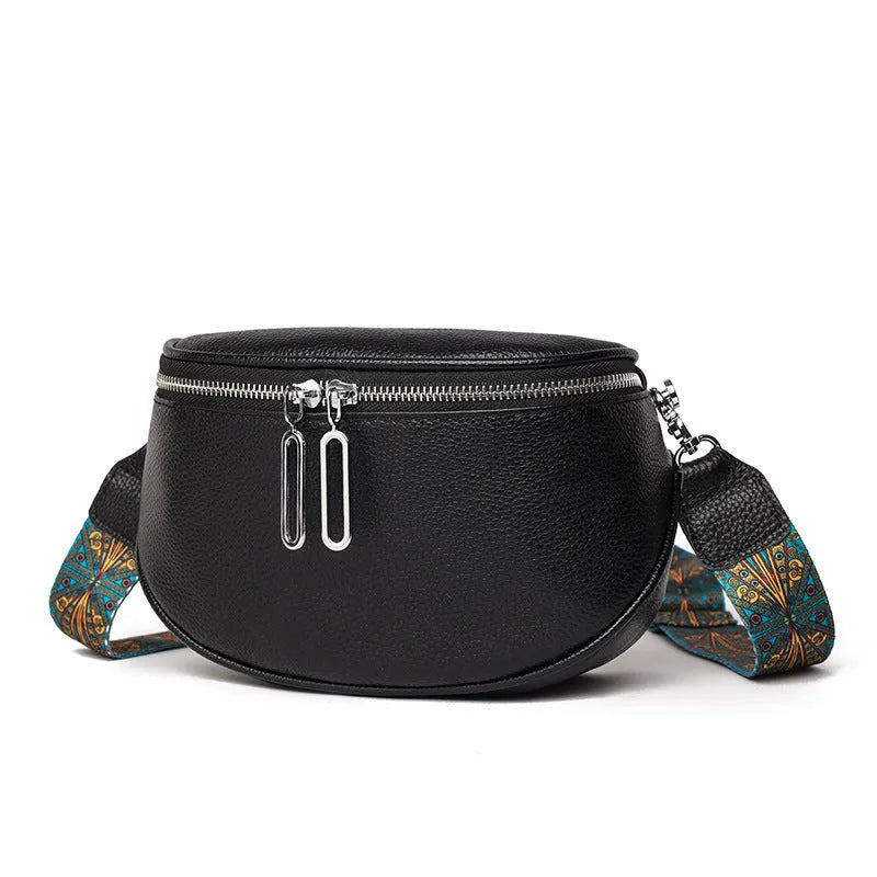 Soft PU leather women's messenger bag in saddle shape with crossbody strap.