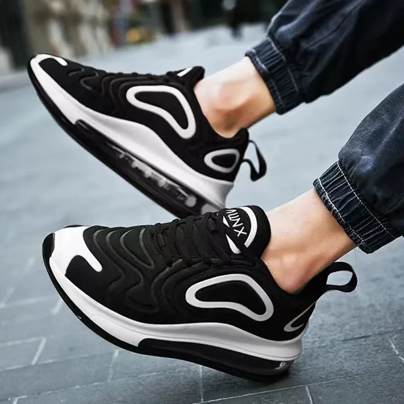 Men's black casual sneakers with lace-up front and air cushion design