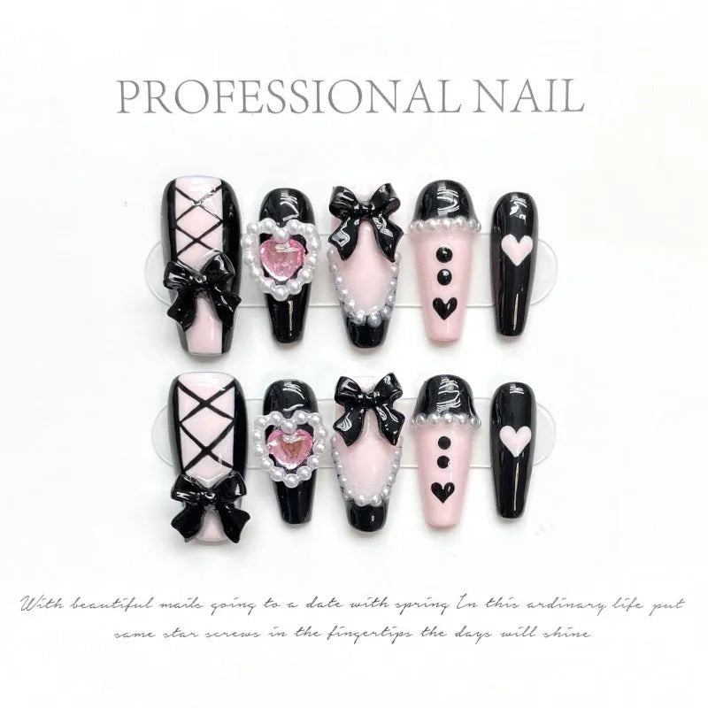 Black and pink heart hand-painted detachable manicure with cat's eye finish and bow design