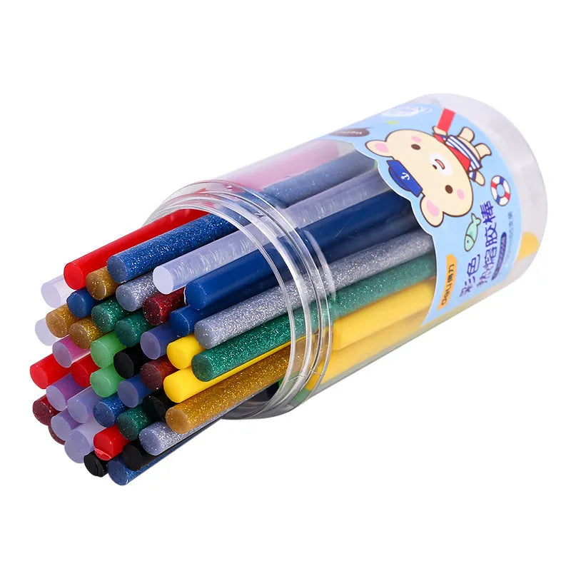 Pack of 55 clear hot melt glue sticks showing 7mm diameter and 100mm length.