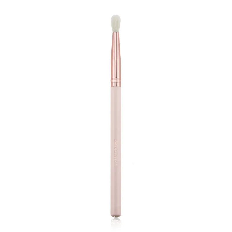26 pink makeup brushes with wooden handles and wool heads, presented with a PU storage bag.