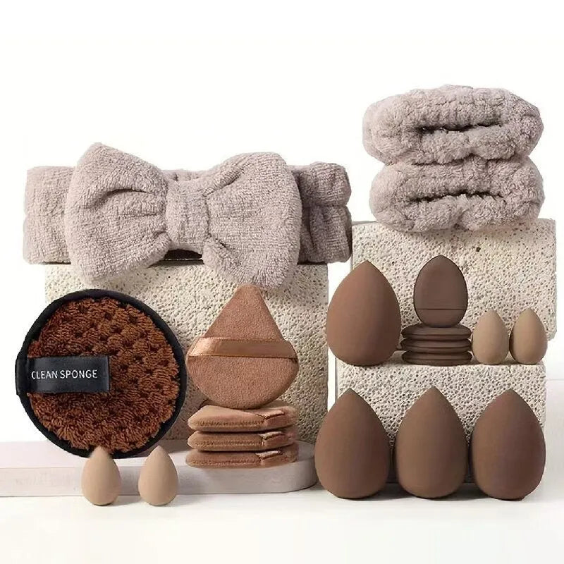 Beauty tools combination set with hydrophilic non-latex sponges in brown, pink and purple colour options