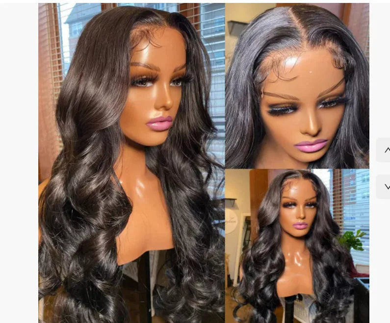 Black medium length curly synthetic wig showing defined wave pattern and full-head coverage