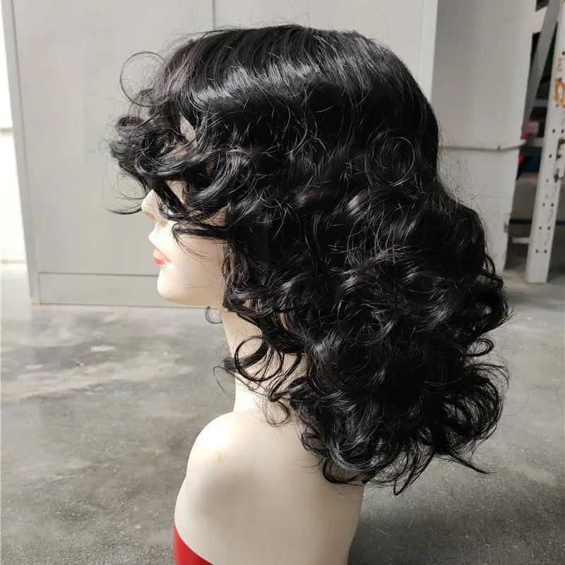 Black synthetic Afro wig with long curly texture measuring 30cm, heat resistant fibres