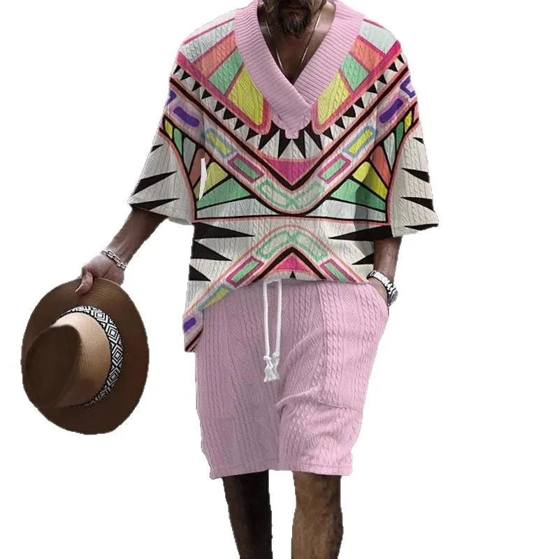 Man wearing a loose blue short sleeve suit top and matching shorts for casual summer wear.