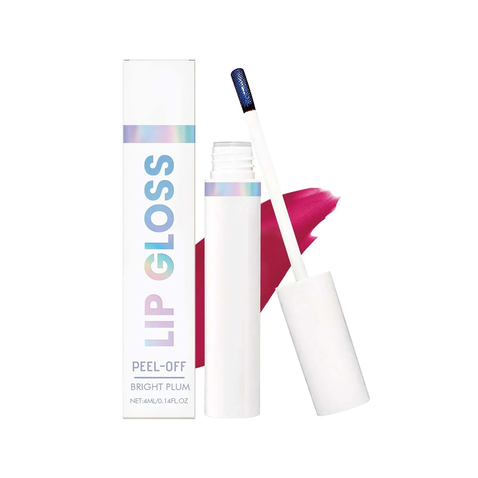 Moisturising glossy lip gloss in bright plum shade with 4ml tube and compact dimensions