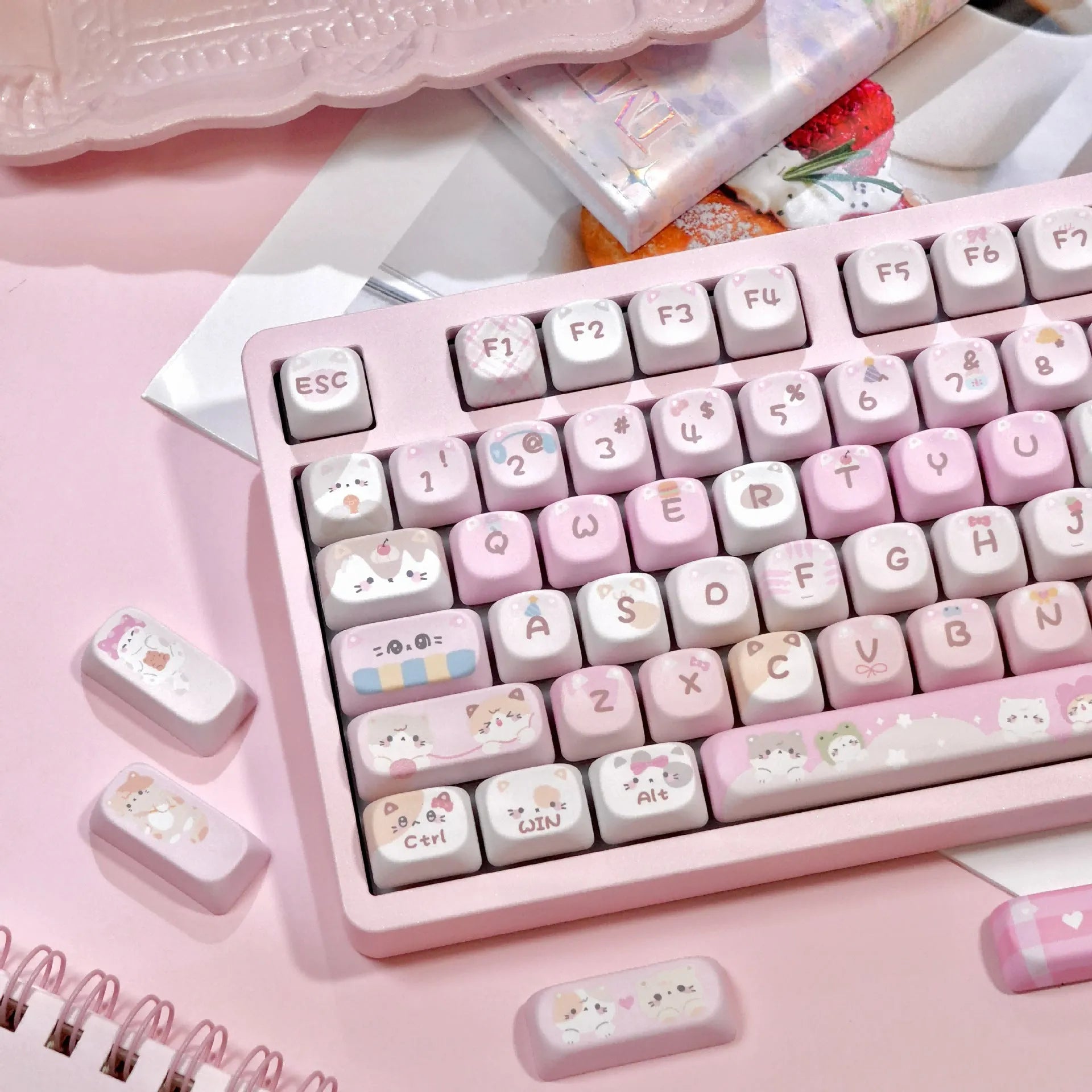 MOA Height Full Five-sided Sublimation Key Caps in pink with cartoon artwork on mechanical keyboard