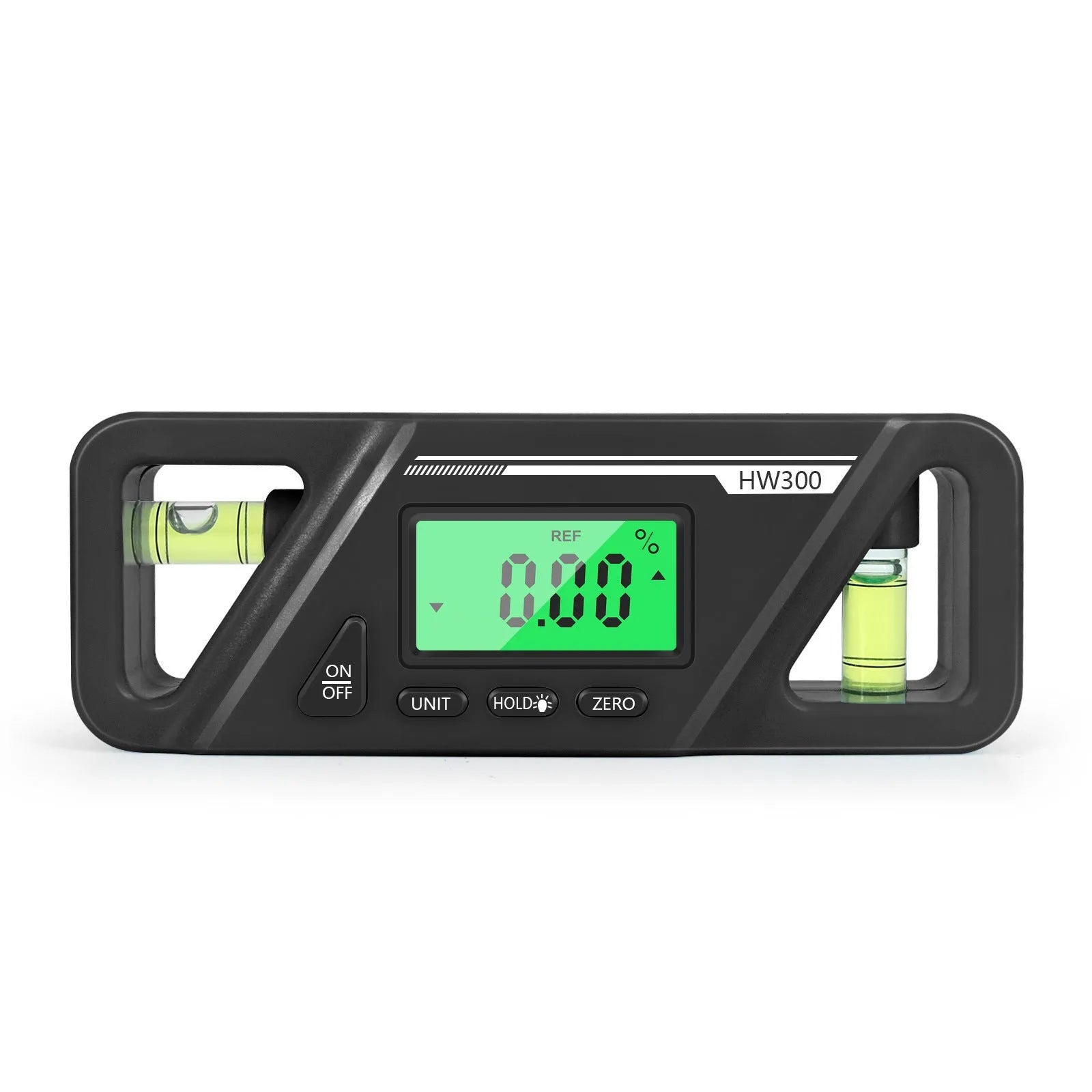 Black digital inclinometer level meter with magnetic base and LCD display showing angle reading.
