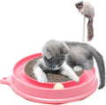 Blue interactive cat scratcher toy with a round scratching pad, ball track, and a mouse swatter on a circular base.