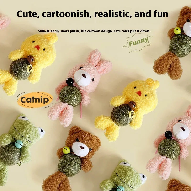 Plush catnip ball toy with bell in animal character design for cats