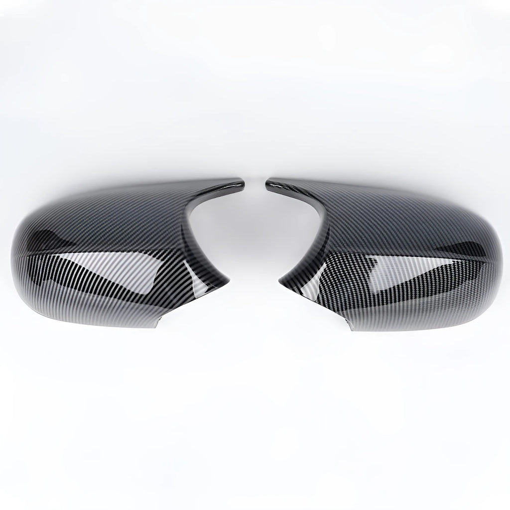 Pair of BMW 3 Series E90 ABS plastic rearview mirror housings in black and carbon pattern finishes