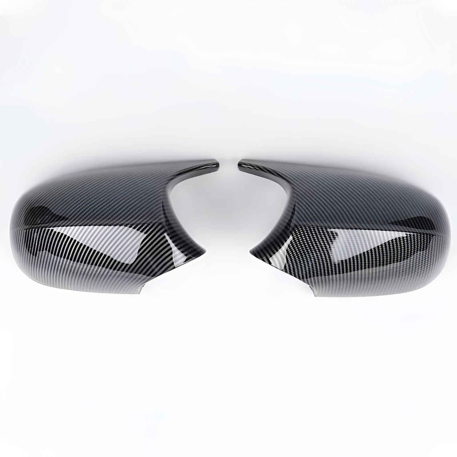 Pair of BMW 3 Series E90 ABS plastic rearview mirror housings in black and carbon pattern finishes