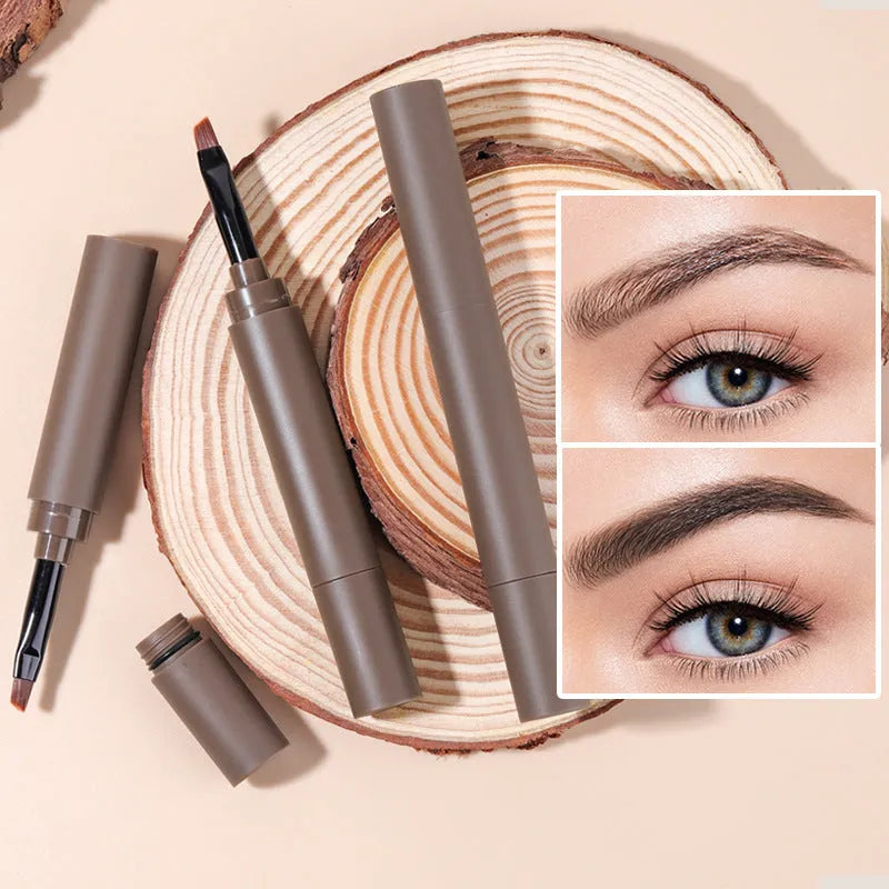 Double-headed eyebrow cream with pencil and powder ends showing five brown shade options