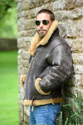 Men's black retro synthetic leather winter coat with straight hem and side pockets